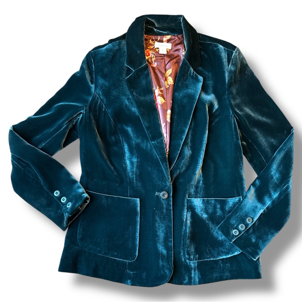 Sundance Beau Green Velvet Silk Blend Lined Floral Blazer Size 2 - Picture 4 of 12